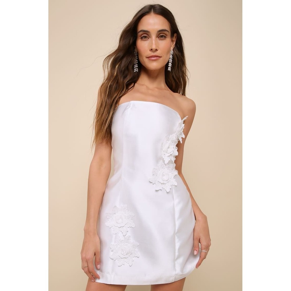 Lulus Mini Dress Womens White Destiny 3D Floral‎ Applique Strapless Bridal